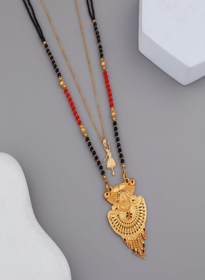 MALKYN Women's Gold Plated Floral Motif Mangalsutra with Red Enamel Accents and Ballerina Pendant Layered Necklace Set, Traditional Black Beaded Indian Jewelry-MD-071 - Image 2