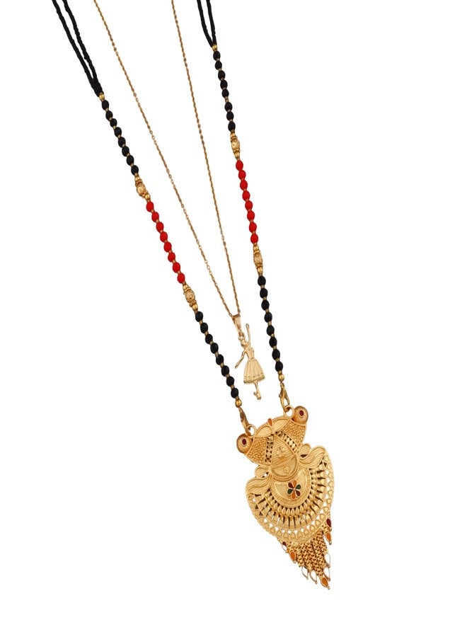 MALKYN Women's Gold Plated Floral Motif Mangalsutra with Red Enamel Accents and Ballerina Pendant Layered Necklace Set, Traditional Black Beaded Indian Jewelry-MD-071 - Image 1