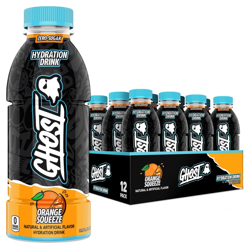 GHOST Hydration Drink, Orange Squeeze - RTD Sports Drink with Electrolytes, Natural Vitamins & Minerals - All Day Lifestyle Hydration Beverage - Zero Caffeine & Zero Sugars - 16.9 Fl Oz, 12 Pack - Image 1