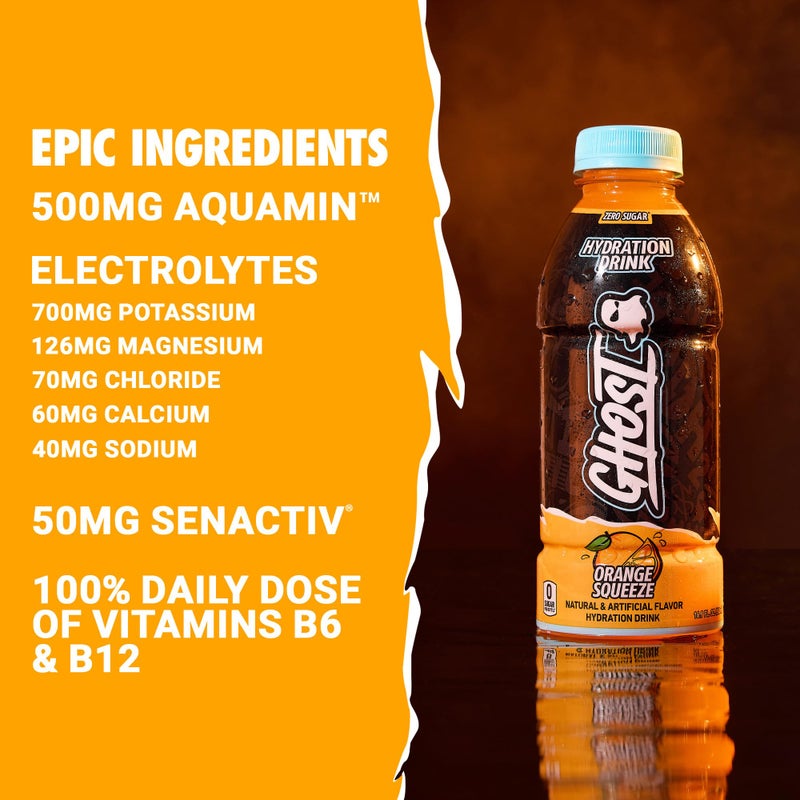 GHOST Hydration Drink, Orange Squeeze - RTD Sports Drink with Electrolytes, Natural Vitamins & Minerals - All Day Lifestyle Hydration Beverage - Zero Caffeine & Zero Sugars - 16.9 Fl Oz, 12 Pack - Image 3