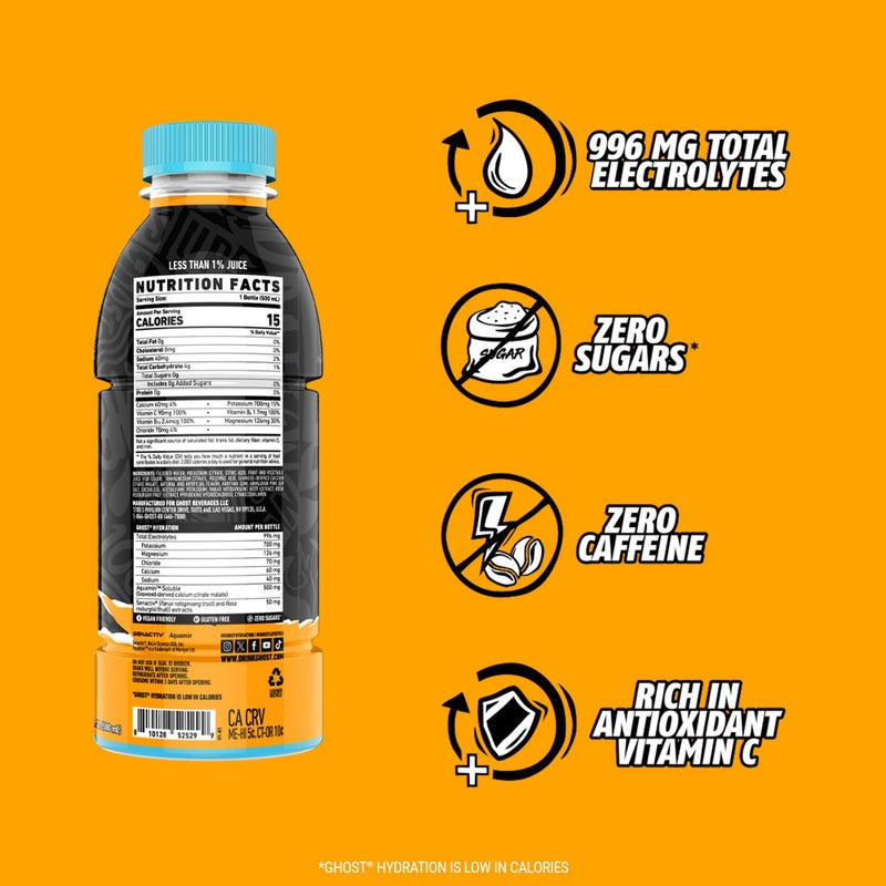GHOST Hydration Drink, Orange Squeeze - RTD Sports Drink with Electrolytes, Natural Vitamins & Minerals - All Day Lifestyle Hydration Beverage - Zero Caffeine & Zero Sugars - 16.9 Fl Oz, 12 Pack - Image 4