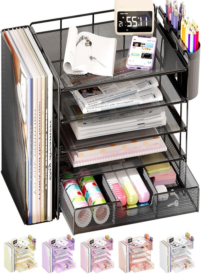 OPNICE Desk Organizer, 5-Tier Paper File Organizer with Drawer & Pen Holder, Office Desk Accessories, Workspace Desktop Organizer for Office Supplies(Black) - Image 1