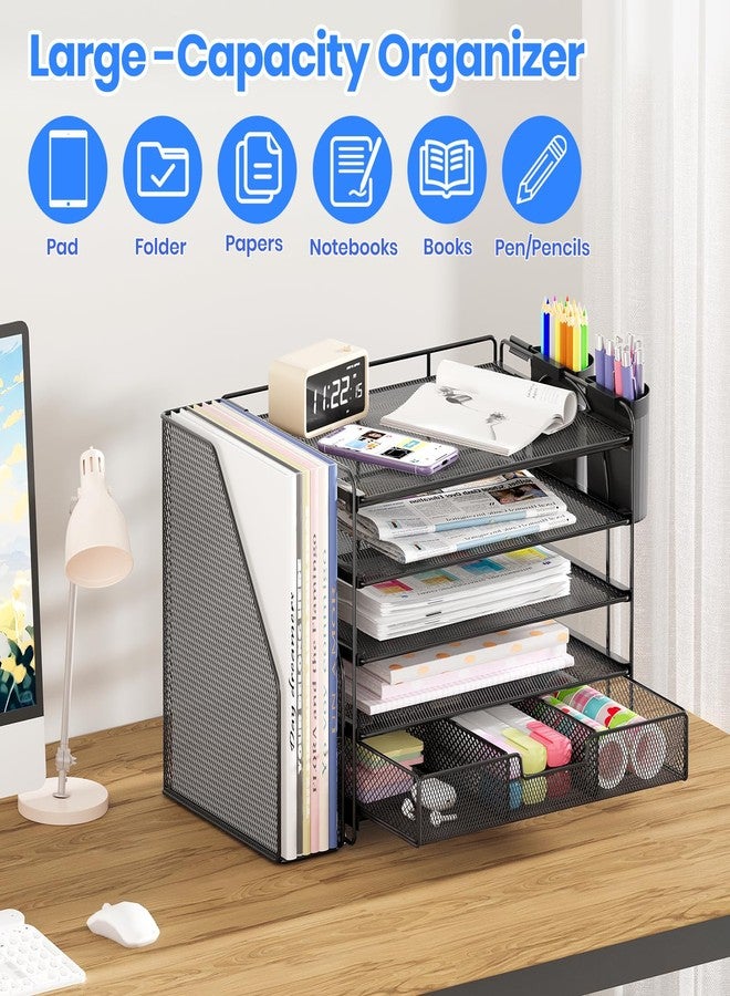 OPNICE Desk Organizer, 5-Tier Paper File Organizer with Drawer & Pen Holder, Office Desk Accessories, Workspace Desktop Organizer for Office Supplies(Black) - Image 4