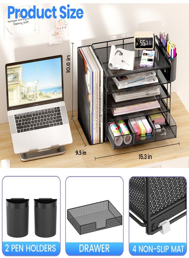 OPNICE Desk Organizer, 5-Tier Paper File Organizer with Drawer & Pen Holder, Office Desk Accessories, Workspace Desktop Organizer for Office Supplies(Black) - Image 2
