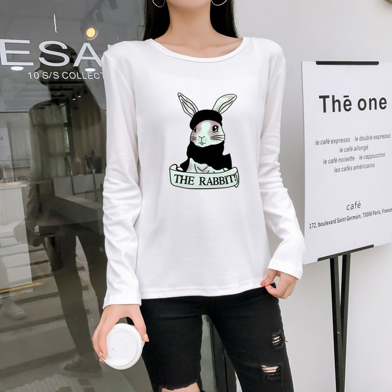 Real Shot of 2025 Autumn New Korean Style Cartoon Rabbit Print Long-Sleeve T-Shirt for Female Students, Women's Top, Base Shirt - Image 1
