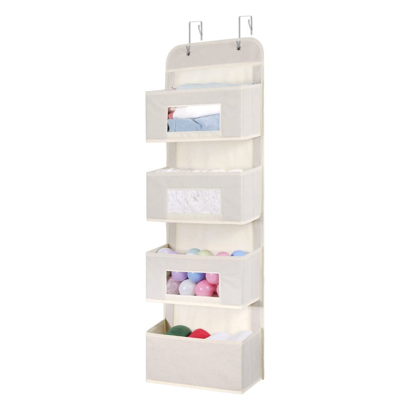 MAX Houser 4-Shelf Over The Door Hanging Organizer with 2 Metal Hooks, 4 Pocket Swing-Proof Behind Door Organizers with Clear Windows for Nursery Bathroom Closet,Dorm,Baby Diapers, Kids Toys (Beige) - Image 2