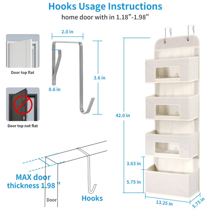 MAX Houser 4-Shelf Over The Door Hanging Organizer with 2 Metal Hooks, 4 Pocket Swing-Proof Behind Door Organizers with Clear Windows for Nursery Bathroom Closet,Dorm,Baby Diapers, Kids Toys (Beige) - Image 3