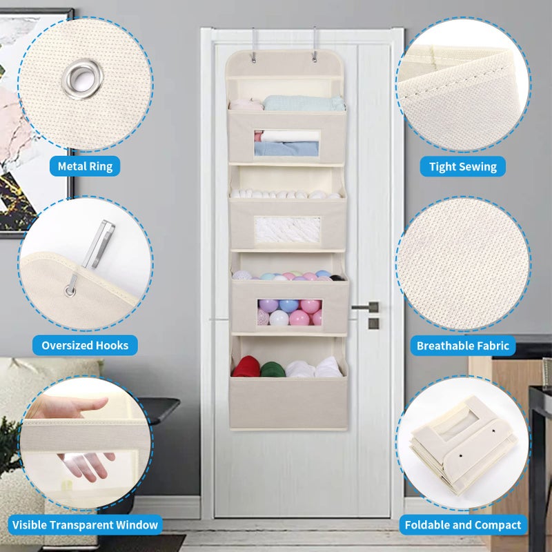 MAX Houser 4-Shelf Over The Door Hanging Organizer with 2 Metal Hooks, 4 Pocket Swing-Proof Behind Door Organizers with Clear Windows for Nursery Bathroom Closet,Dorm,Baby Diapers, Kids Toys (Beige) - Image 4