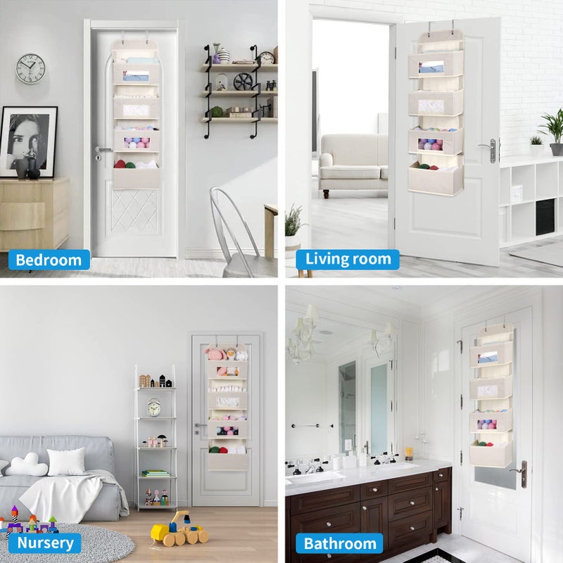MAX Houser 4-Shelf Over The Door Hanging Organizer with 2 Metal Hooks, 4 Pocket Swing-Proof Behind Door Organizers with Clear Windows for Nursery Bathroom Closet,Dorm,Baby Diapers, Kids Toys (Beige) - Image 5