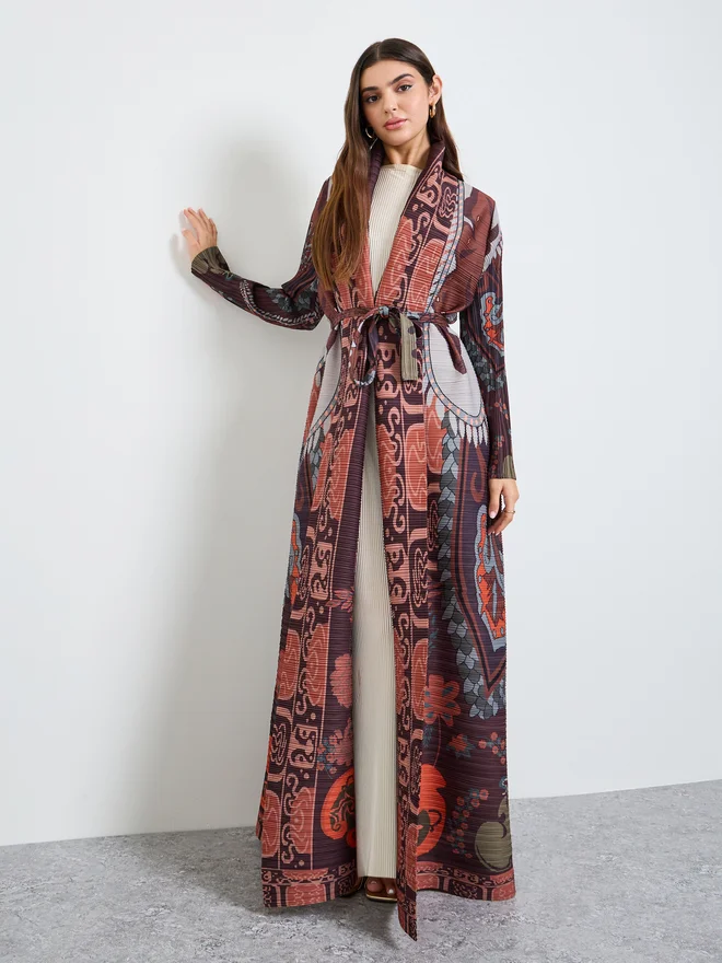 Styli  Styli Multi All Over Print Plisse Abaya with Tie-Belt for Women | Best Price UAE