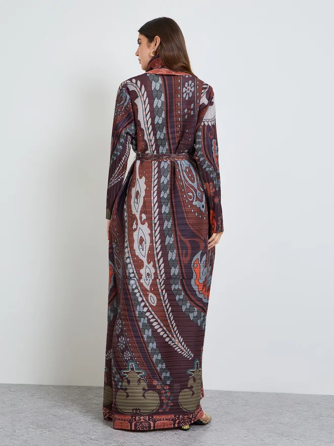 Styli  Styli Multi All Over Print Plisse Abaya with Tie-Belt for Women | Best Price UAE