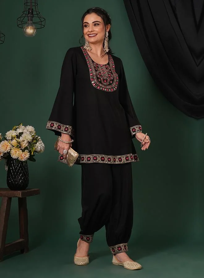 globus Globus Black Embroidered Yoke Tunic and Afghani Pants Fusion Co-Ords