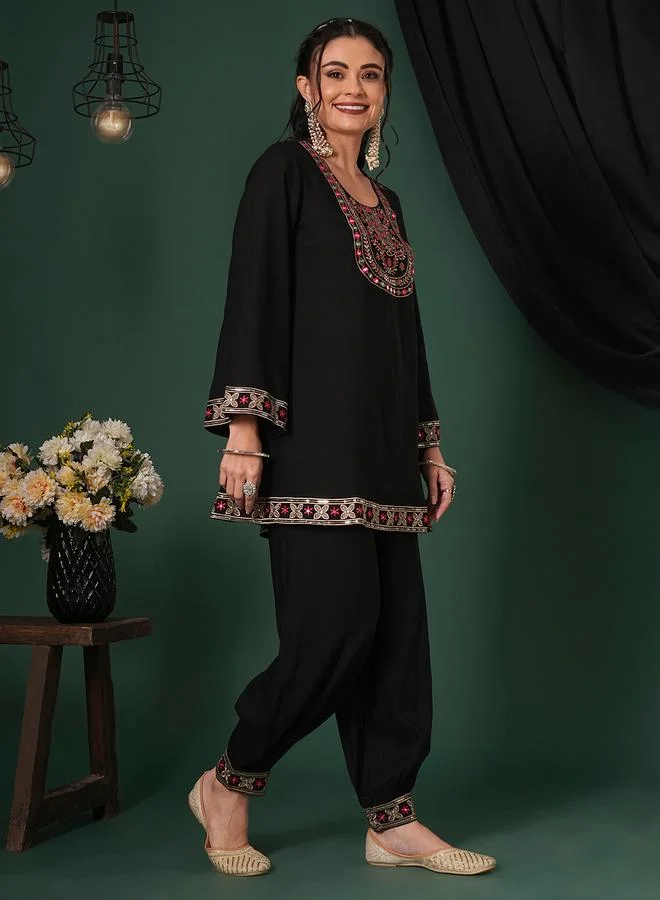 globus Globus Black Embroidered Yoke Tunic and Afghani Pants Fusion Co-Ords