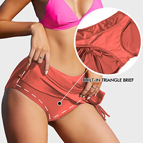 ALove Womens High Waisted Swim Skirt Drawstring Swimsuit Skirted Swim Bottoms L Orange Red - Image 4
