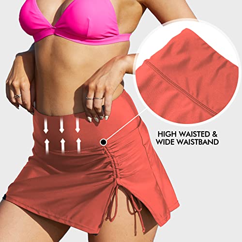 ALove Womens High Waisted Swim Skirt Drawstring Swimsuit Skirted Swim Bottoms L Orange Red - Image 5