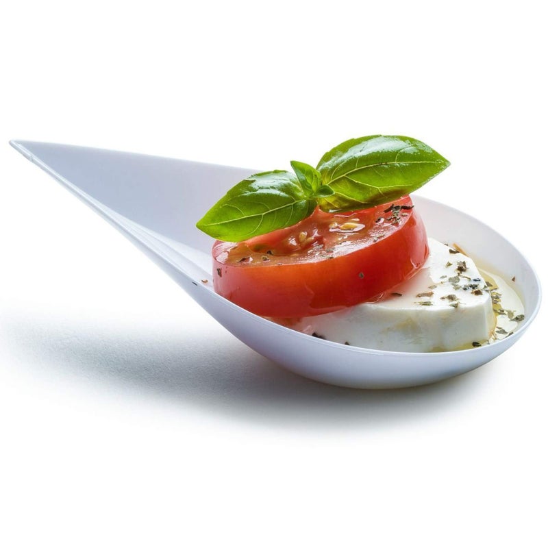 DLux 100 4-in شكل قطرة الماء أطباق مقبلات صغيرة، ملاعق بلاستيكية بيضاء قابلة لإعادة الاستخدام - أطباق الحلويات والمقبلات - مجموعة ملاعق آسيوية، أكواب تذوق الحلويات الصغيرة - مع كتاب وصفات إلكتروني - Image 1