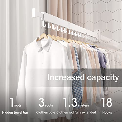 LIENAHU Wall Mounted Clothes Drying Rack, Collapsible, Folding, Retractable - Clothes Hanging Rack (Hooks, White) - Image 4
