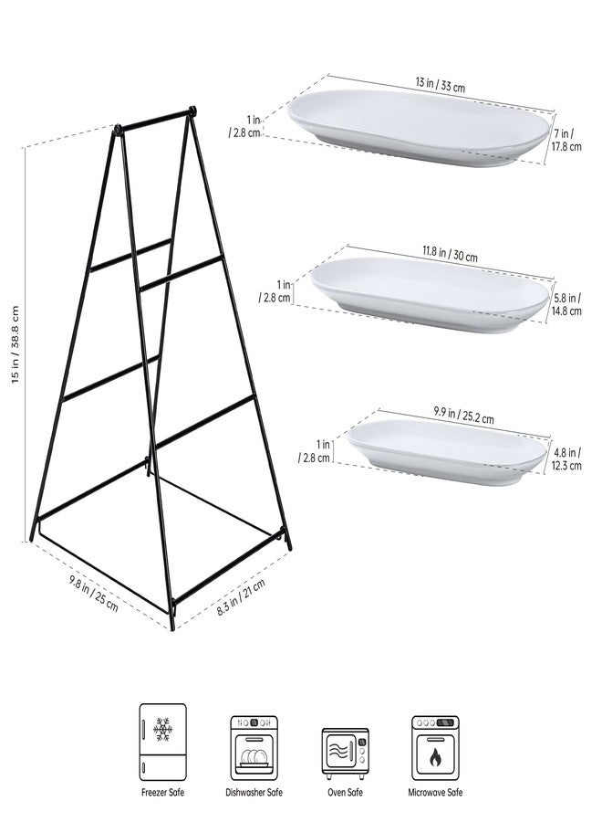 UNICASA 3 Tier Serving Tray for Parties - White Oval Porcelain Serving Platters and Trays with Collapsible Metal Stand - Tiered Dessert Stand for Cake, Snacks, Appetizers, Fruits, Chips & Dips - Image 2