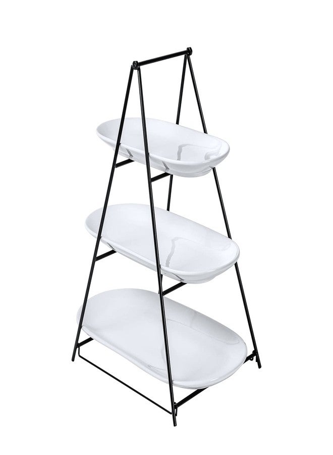 UNICASA 3 Tier Serving Tray for Parties - White Oval Porcelain Serving Platters and Trays with Collapsible Metal Stand - Tiered Dessert Stand for Cake, Snacks, Appetizers, Fruits, Chips & Dips - Image 1