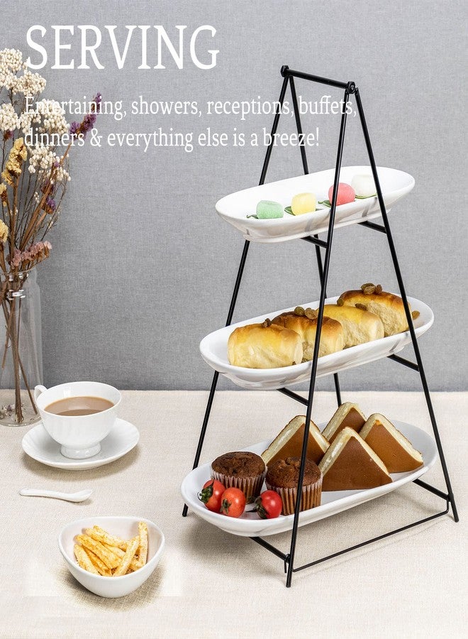 UNICASA 3 Tier Serving Tray for Parties - White Oval Porcelain Serving Platters and Trays with Collapsible Metal Stand - Tiered Dessert Stand for Cake, Snacks, Appetizers, Fruits, Chips & Dips - Image 3