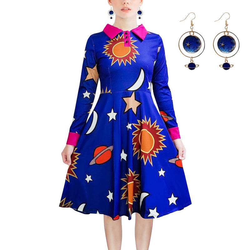 ATAMET Halloween Women's Planets Stars Moon Solar System Dress Cosplay Costume A-Line Dress - Image 3