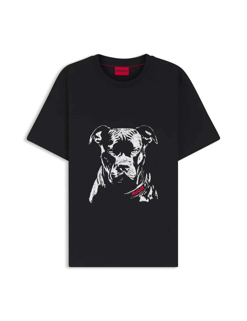 HUGO Black Cotton-jersey T-shirt with dog artwork for Men | Best Price UAE