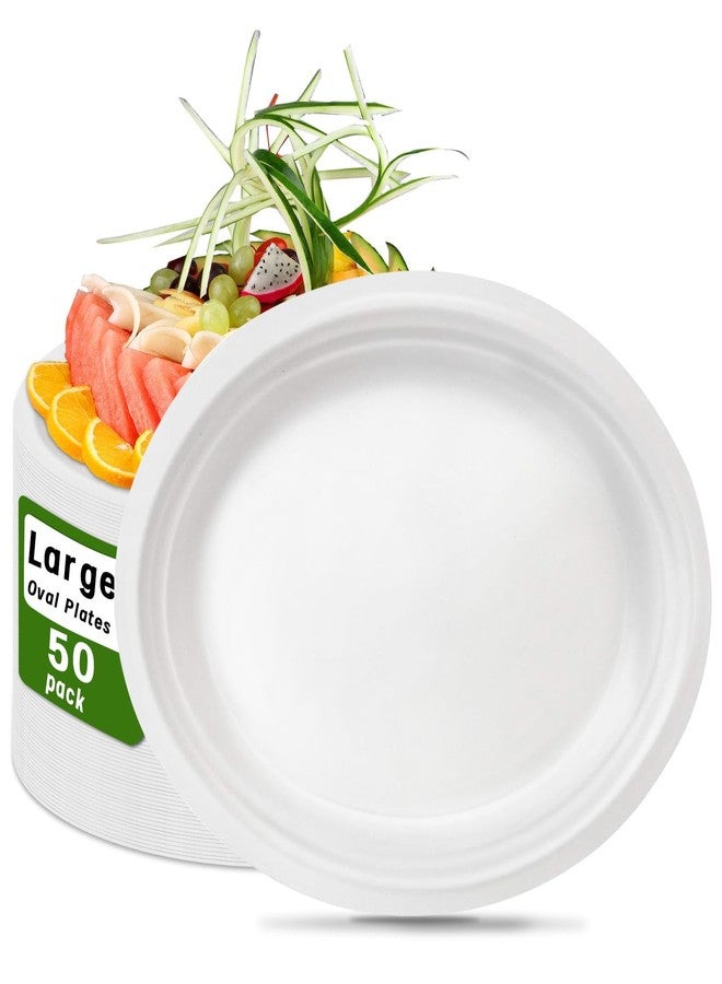 VEIZEDD 50 PCS White Plates | Compostable Oval Paper Plates 12 Inch | Heavy Duty Disposable Plates Large Platters for BBQ, Picnic, Parties, Home,Easter,St Patricks - Image 1