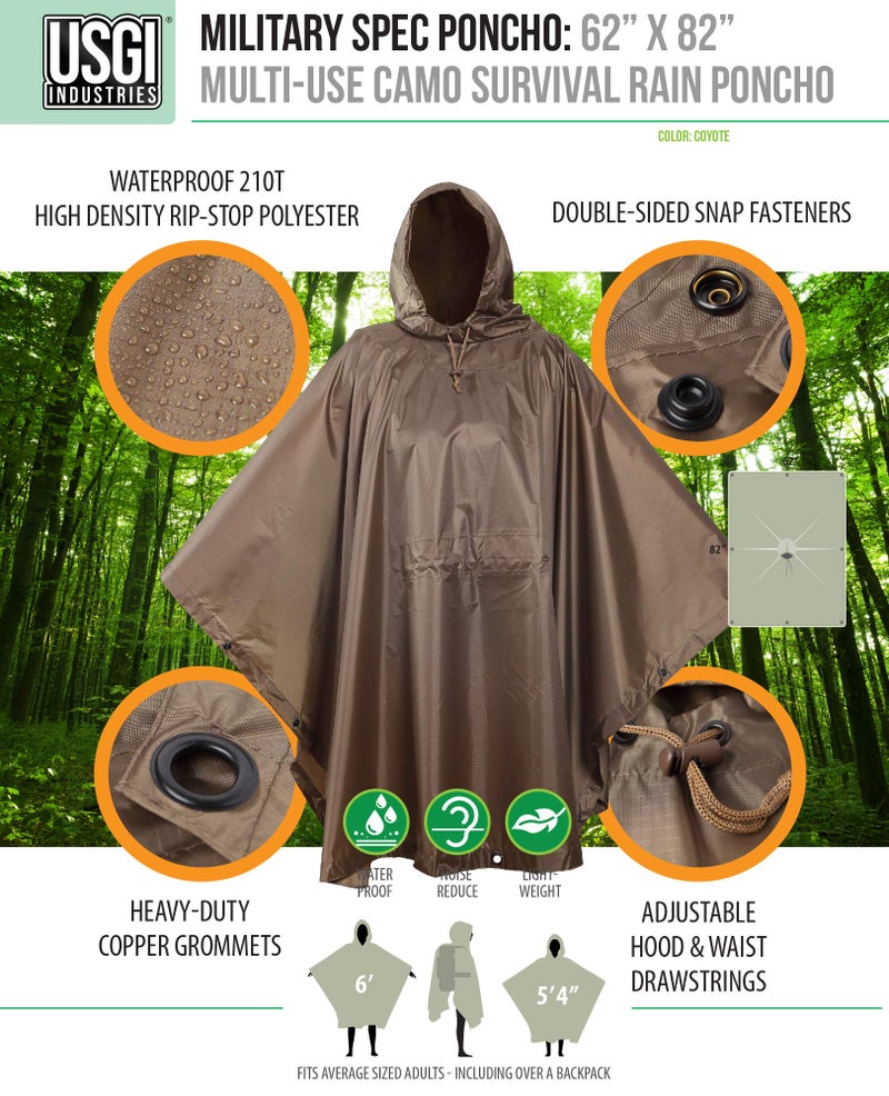 USGI Industries Military Style Poncho | Lightweight Tactical Multi Use Rip Stop Camouflage Rain Poncho | Perfect for Hiking, Hunting, Emergency Tent, Survival (Coyote) - Image 5