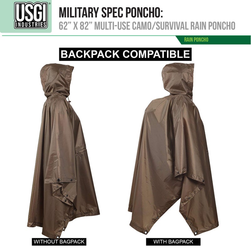 USGI Industries Military Style Poncho | Lightweight Tactical Multi Use Rip Stop Camouflage Rain Poncho | Perfect for Hiking, Hunting, Emergency Tent, Survival (Coyote) - Image 2