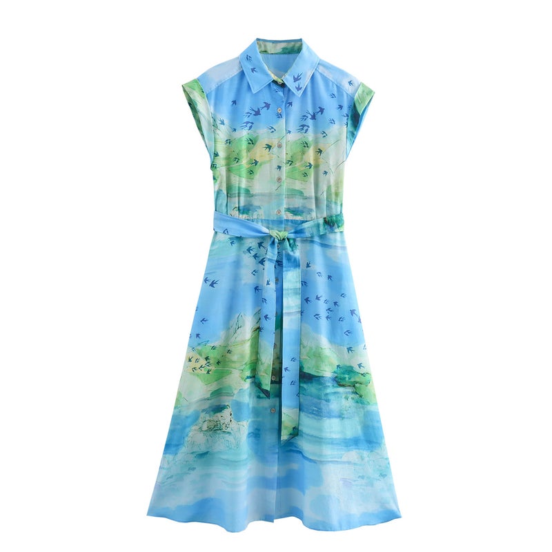 Foreign trade wholesale summer new European and American style shirt printed belt dress 2183014 picture color Picture color