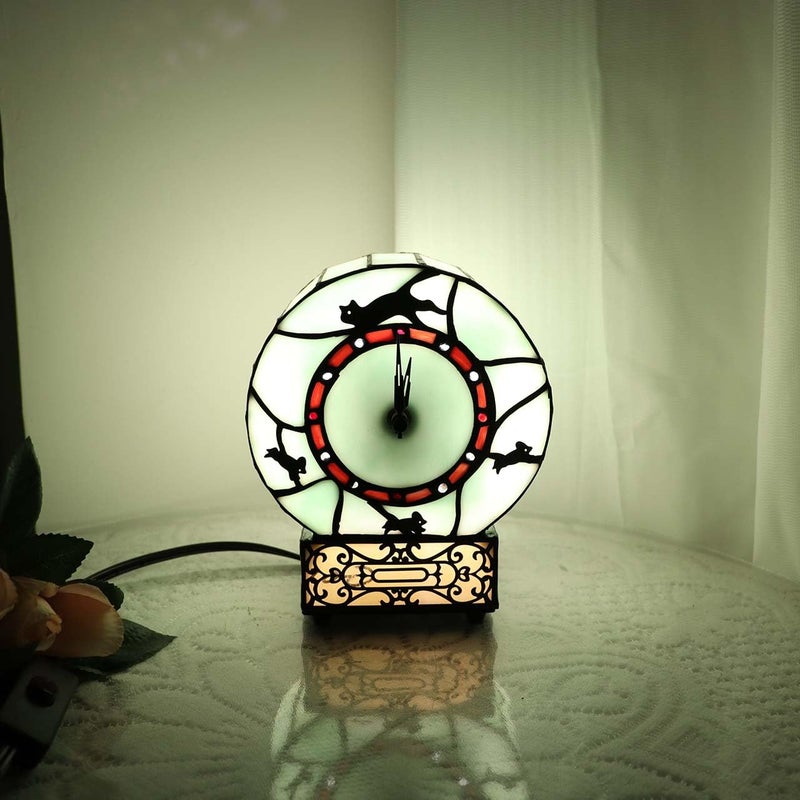 Bieye L10970 Cat and Mouse Tiffany Style Stained Glass Desk Clock Table Lamp for Home Decor (Green) - Image 2