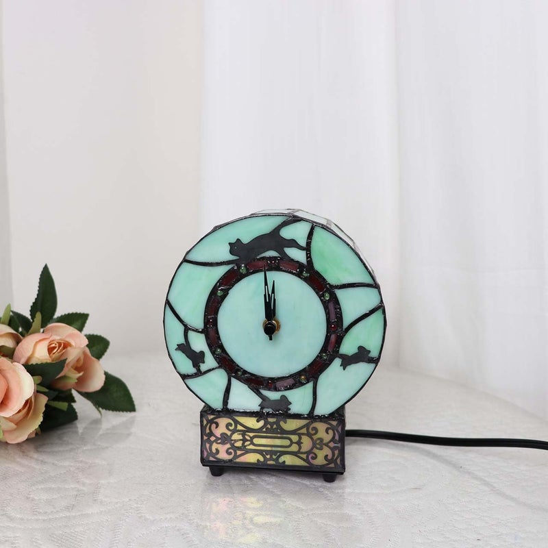 Bieye L10970 Cat and Mouse Tiffany Style Stained Glass Desk Clock Table Lamp for Home Decor (Green) - Image 3
