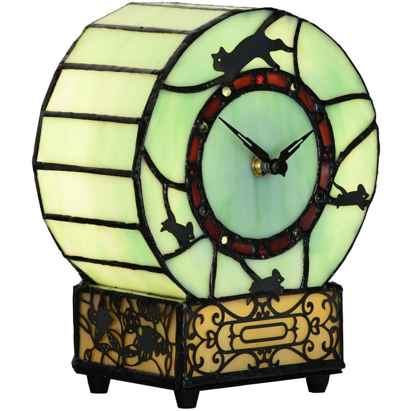 Bieye L10970 Cat and Mouse Tiffany Style Stained Glass Desk Clock Table Lamp for Home Decor (Green) - Image 1