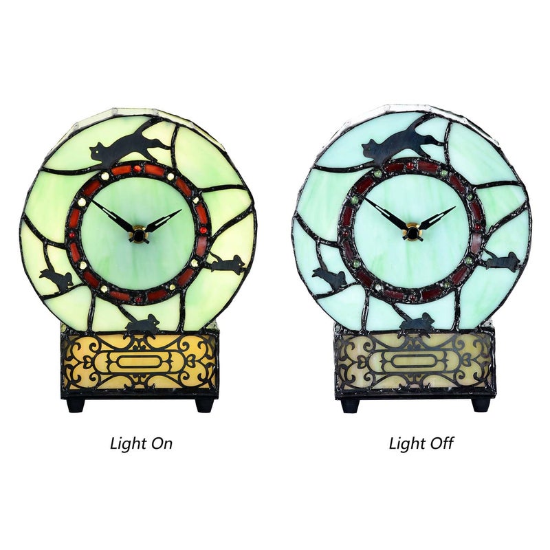 Bieye L10970 Cat and Mouse Tiffany Style Stained Glass Desk Clock Table Lamp for Home Decor (Green) - Image 5