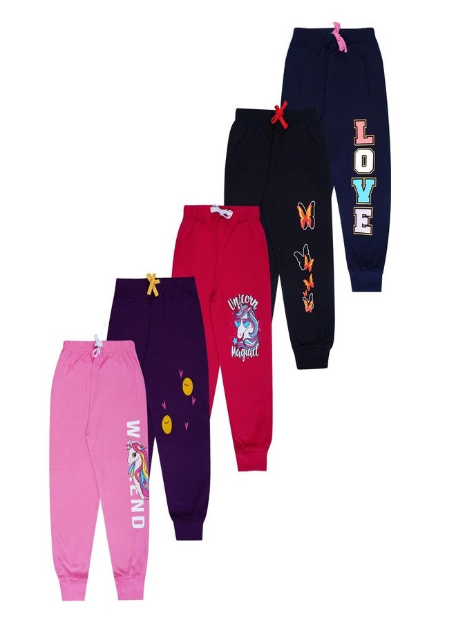 T2f Girl's Regular Fit Cotton Printed Ribbed Track Pants (Pack of 5) - Image 1