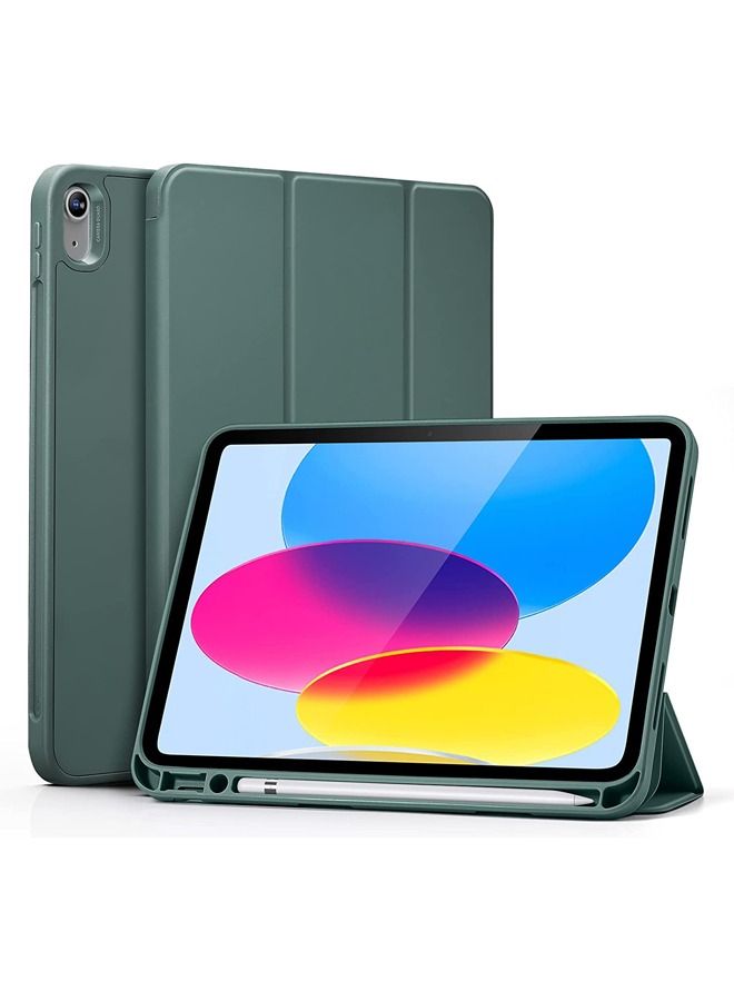 for iPad 10th Generation 10.9 Inch 2022 Built-in Pencil Holder Flexible Back Cover, Trifold Stand, Auto Sleep Wake Rebound Series Green - Image 1