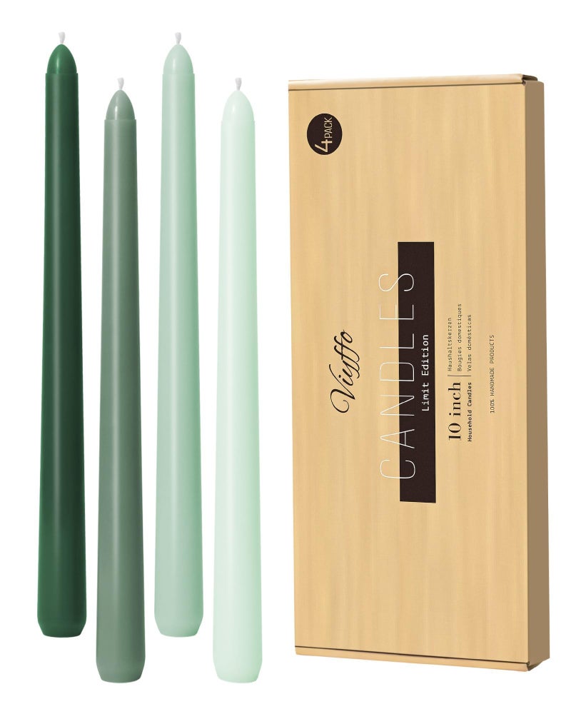 Viyffo Taper Candles 10 Inch Green Set of 4 Unscented, Dripless, Smokeless Long Tall Tapered Candlesticks Wedding Advent Home Decor Dinner Christmas-Natural Color Series - Image 1