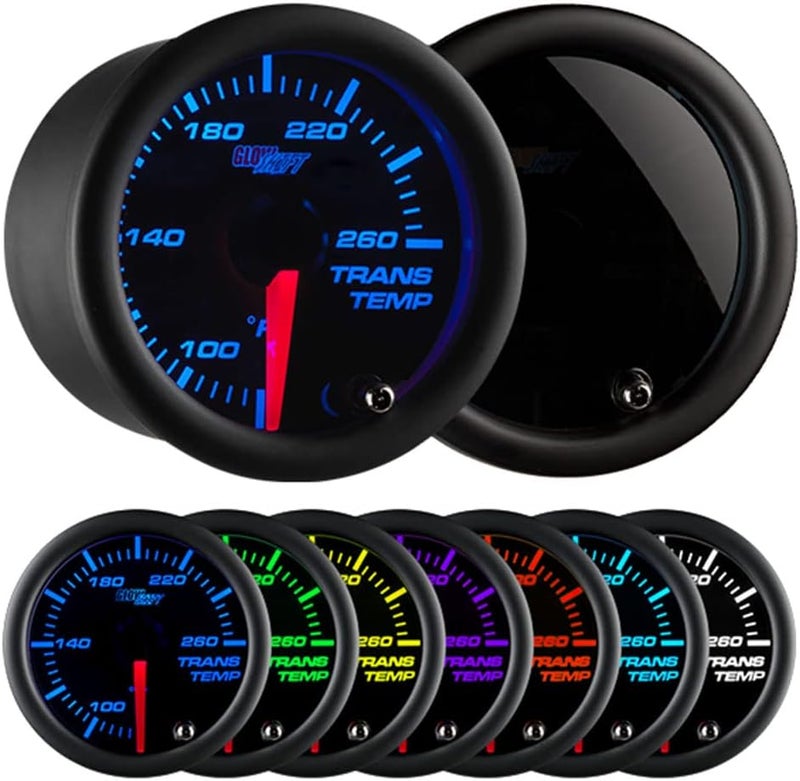 GLOWSHIFT Tinted 7 Color 260F Automatic Transmission Temp Gauge Kit - Includes 1/8-27 NPT Electronic Sensor & Wiring - Multi-Color Display - Black Dial - Smoked Lens - for Car & Truck - 2-1/16" 52mm - Image 1