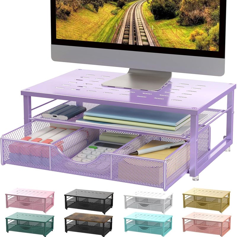 gianotter Computer Monitor Stand Riser office organizer with Drawer Office Organizers Storage for Classroom Office Supplies Purple - Image 2