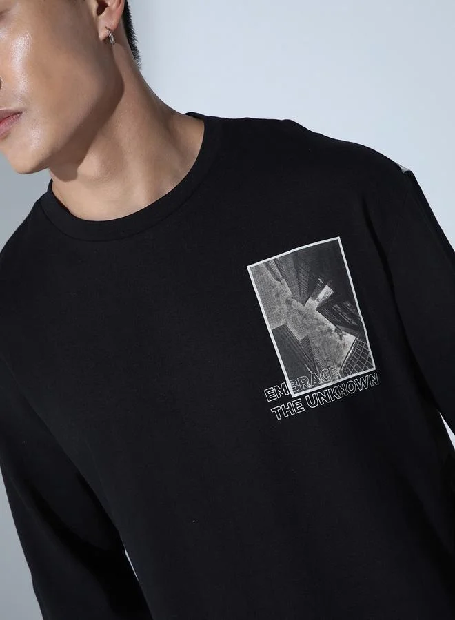 Hubberholme Black Graphic Print Relaxed Fit T-shirt for Men, Comfortable Style
