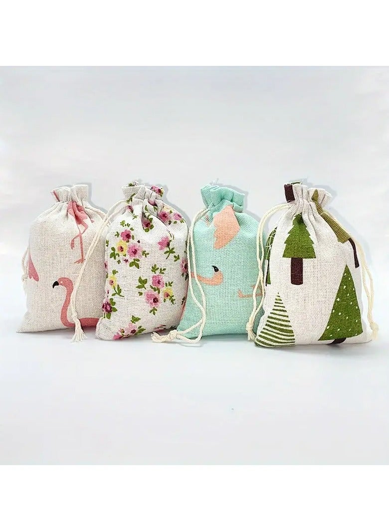 Kormesic 4-Piece Cartoon Pattern Cotton Drawstring Bag Set for Jewelry, Candy Storage, and Gift Packaging - Image 1