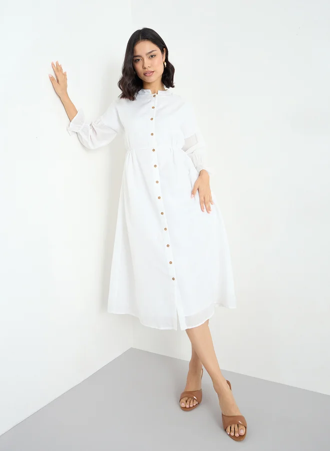 Styli Styli White Buttoned Midi Dress with 3/4 Sleeves