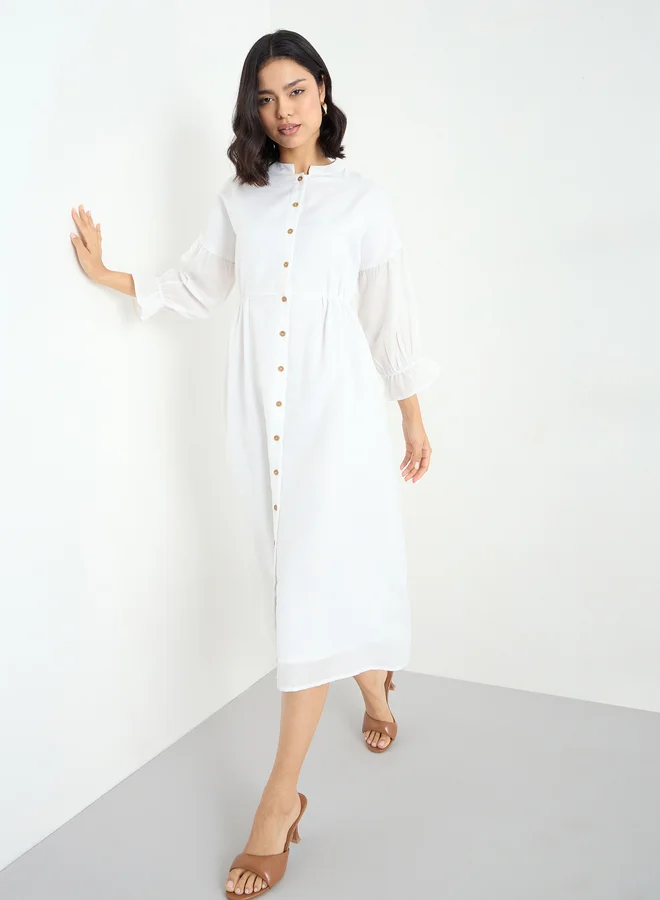 Styli Styli White Buttoned Midi Dress with 3/4 Sleeves
