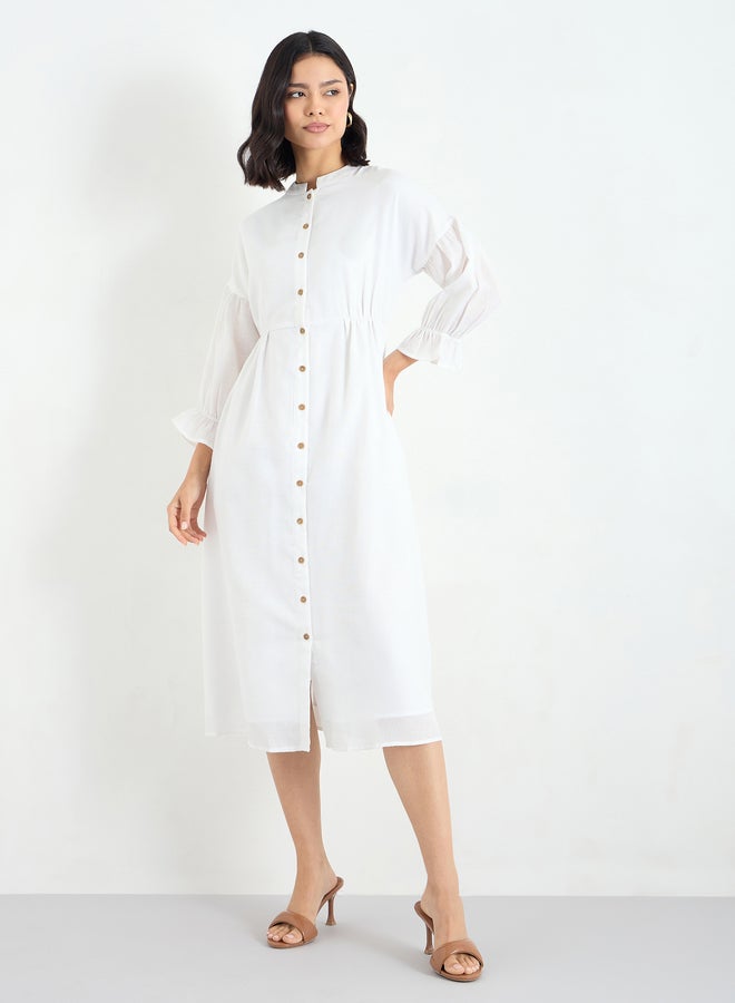 ستايلي فستان ميدي أبيض بأزرار وأكمام ثلاثة أرباع - Image 3