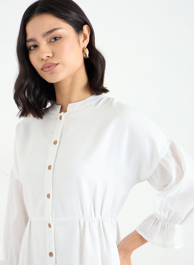 ستايلي فستان ميدي أبيض بأزرار وأكمام ثلاثة أرباع - Image 4
