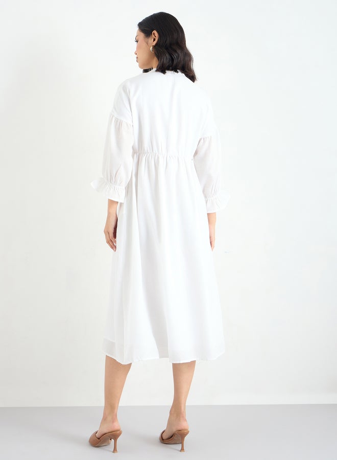 ستايلي فستان ميدي أبيض بأزرار وأكمام ثلاثة أرباع - Image 5