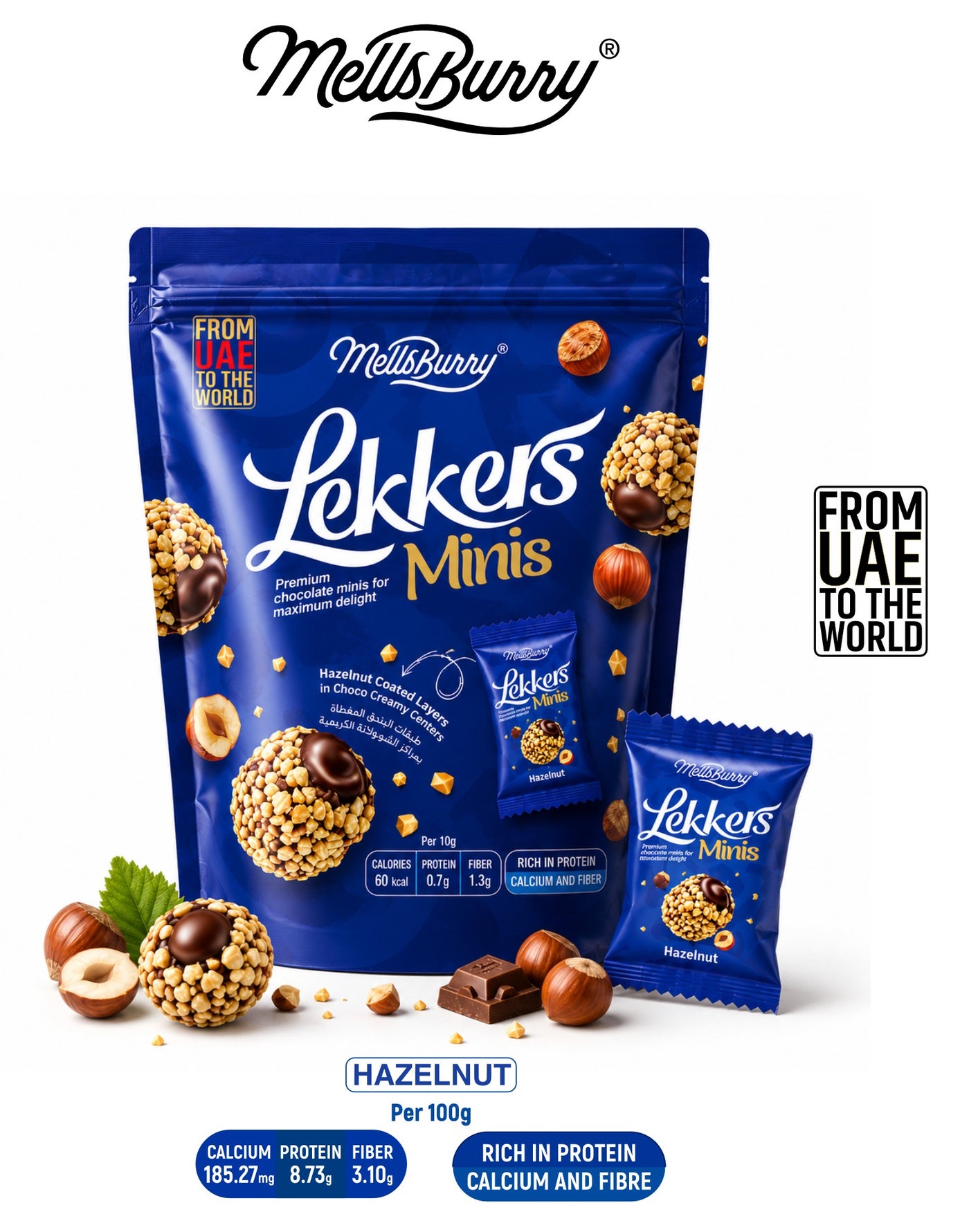 MellsBurry Lekkers Minis Hazelnut Chocolate Bites Premium Crunchy Chocolate Snack Rich in Calcium & Fibre - 100g