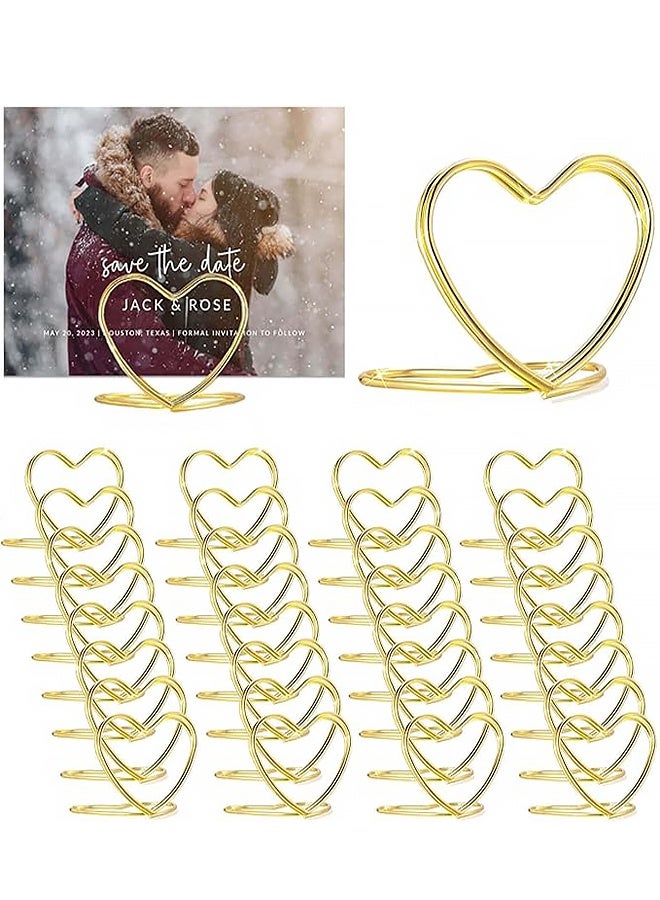 32 قطعة من حوامل بطاقات أرقام الطاولات الذهبية، حامل بطاقات صغير على شكل قلب، حوامل بطاقات عمل لحفلات الزفاف، حامل بطاقات لعب صغير للصور، حامل صور، حامل قائمة طعام، حامل مذكرات، مشابك بطاقات عيد الميلاد - Image 1