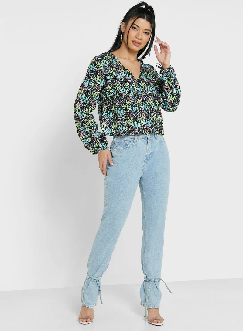 Ginger Floral Top With Tie At Cuff