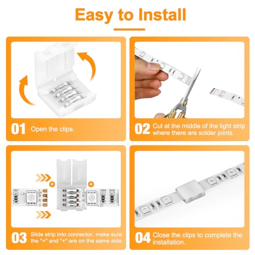 Pmxary 20Pcs 4 Pin LED Strip Connectors for 10mm Wide RGB LED Strip Lights, Solderless Unwired LED Light Connectors, Easily Extend or Splice SMD 5050 Multicolor Strips - Image 4